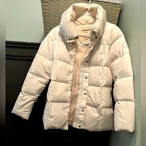 LACOSTE packable stowable puffer jacket size 34 SMALL (2) logo cream designer
